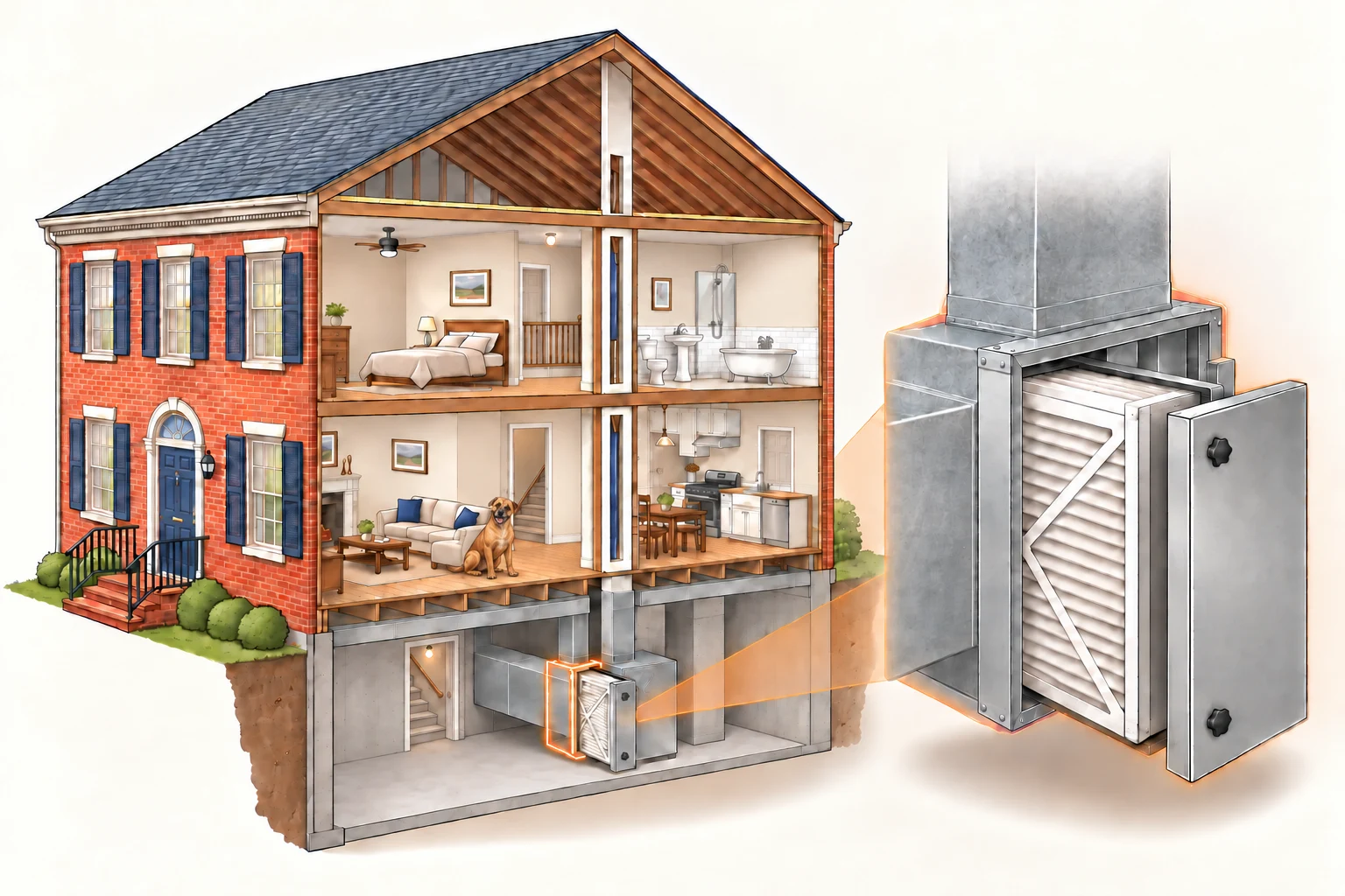 Conceptual home cutaway with an enlarged HVAC filter cabinet.