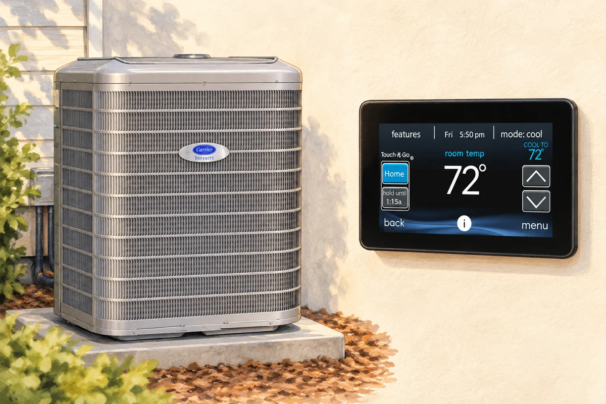 Illustrated views of a central air conditioner and a smart thermostat.