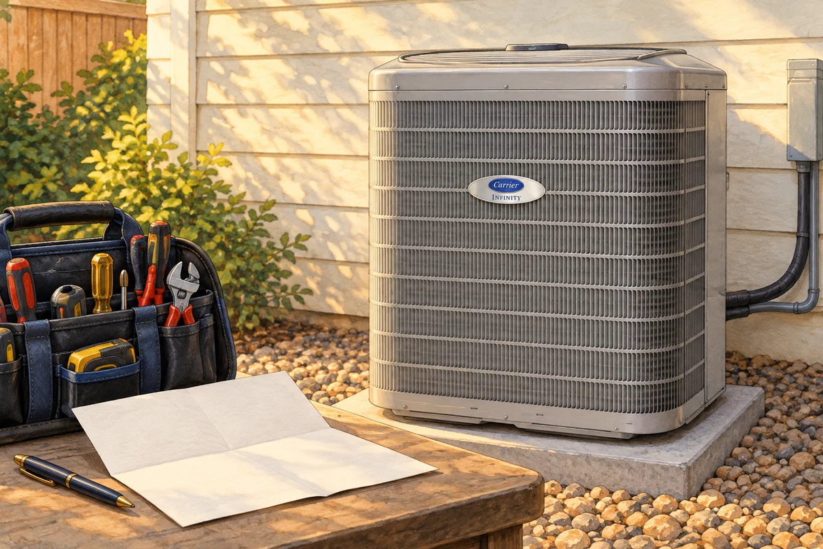 Illustration of a central air conditioner beside HVAC tools and a blank proposal sheet.