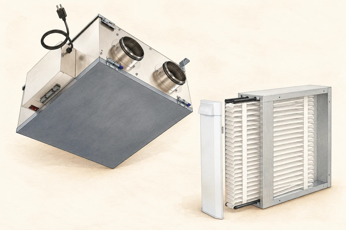 Illustrated comparison of a ventilation unit and a pleated air filter cabinet.
