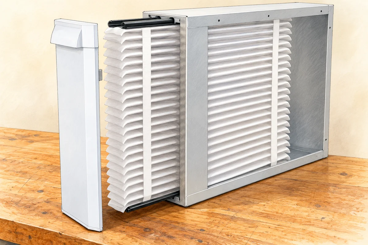 Illustration of a pleated air filter partly withdrawn from its filter cabinet.