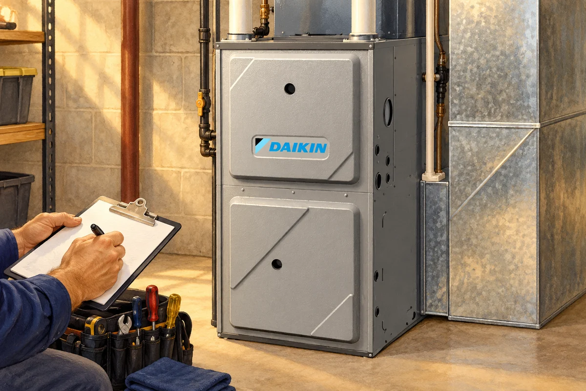 Illustration of a furnace maintenance visit with a technician’s hands writing on a clipboard.