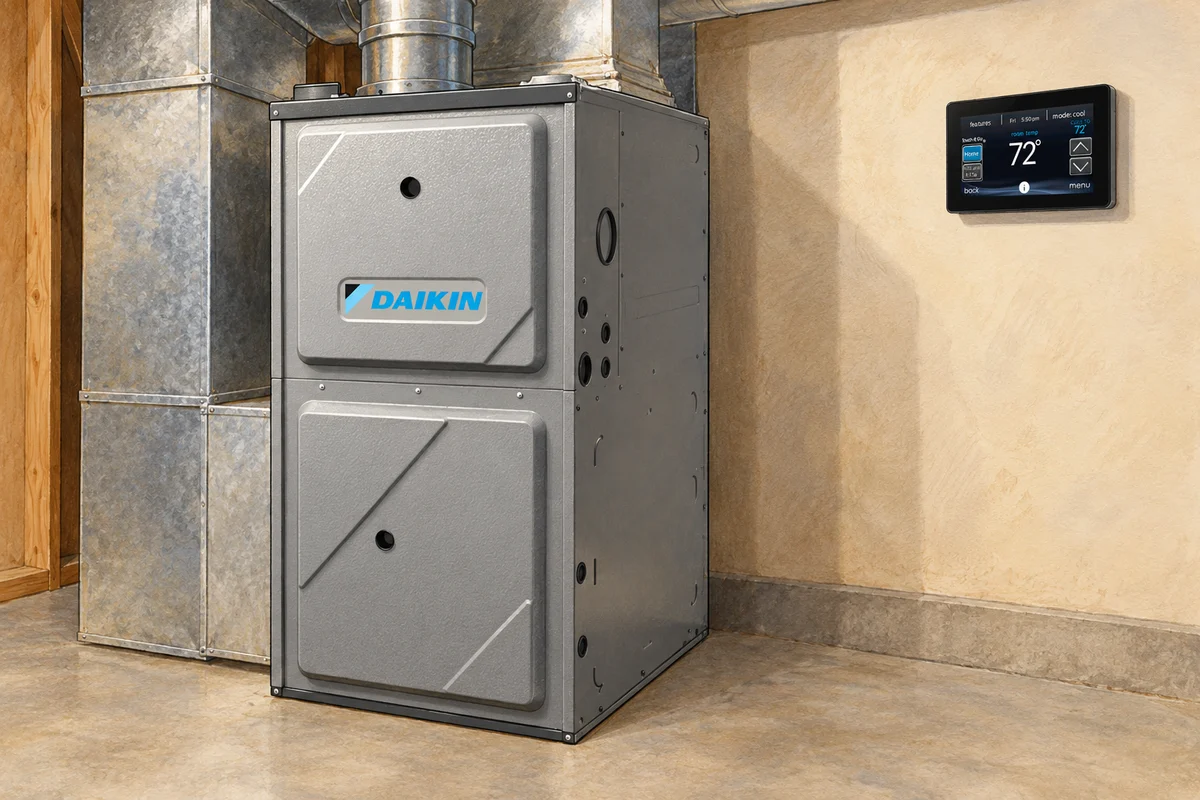 Illustration of a gray gas furnace in a utility room with a wall-mounted smart thermostat.