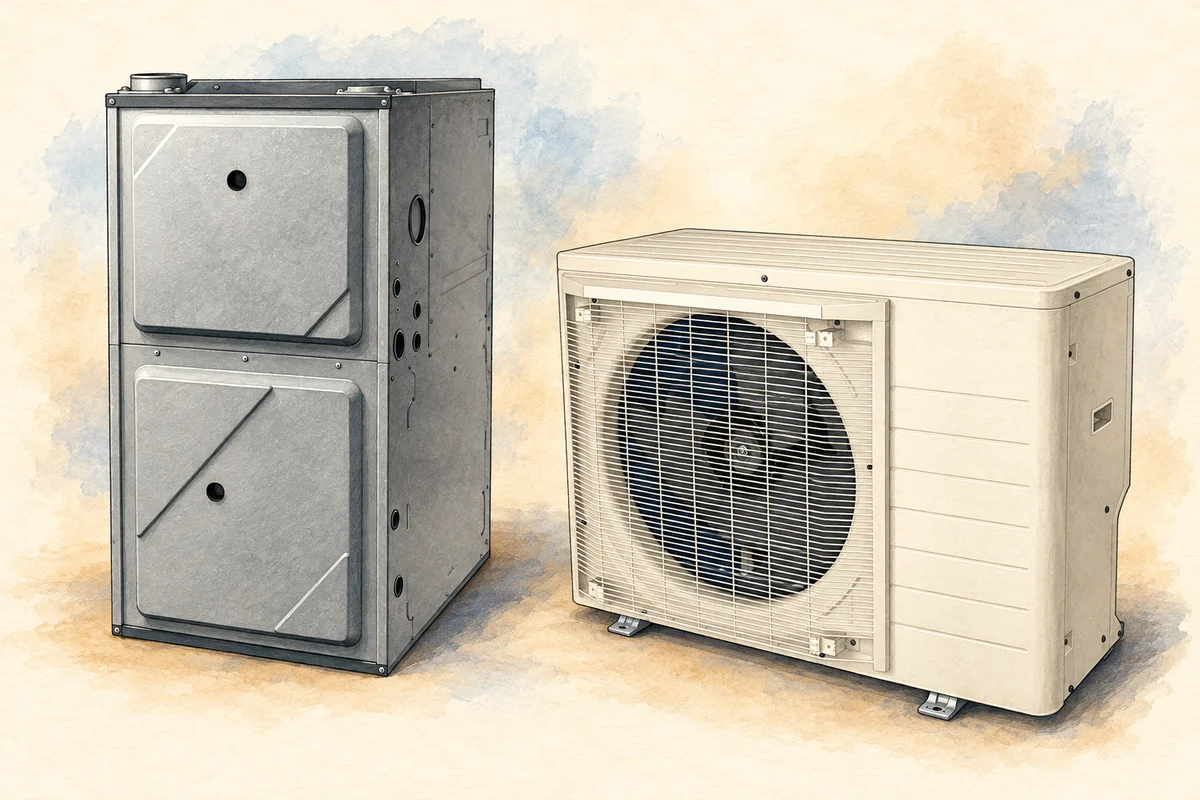 Illustrated comparison of a tall gas furnace and a side-discharge heat pump, based on manufacturer photos.