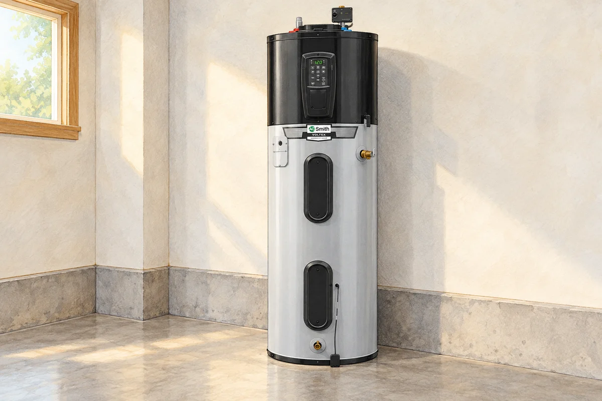 Illustration of a hybrid heat-pump water heater with clear service space around it.