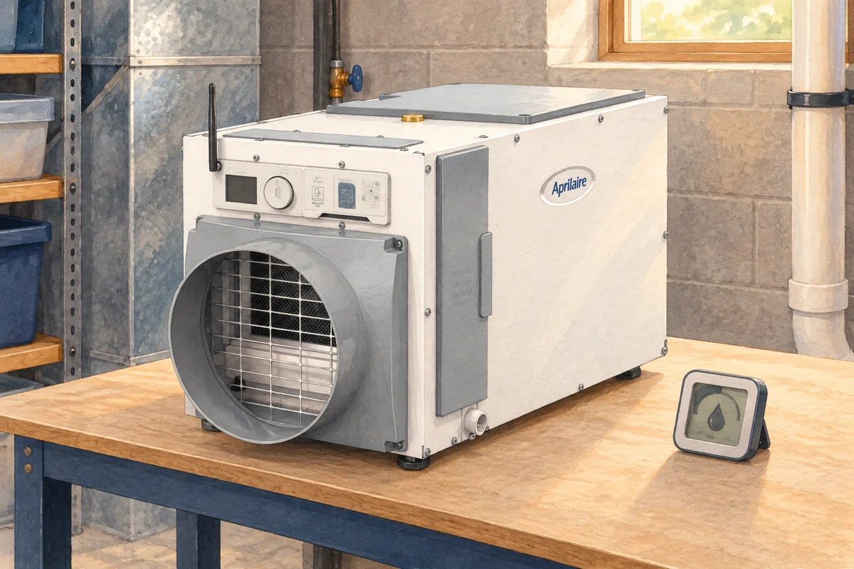 Illustration of a whole-house dehumidifier and a small humidity meter.