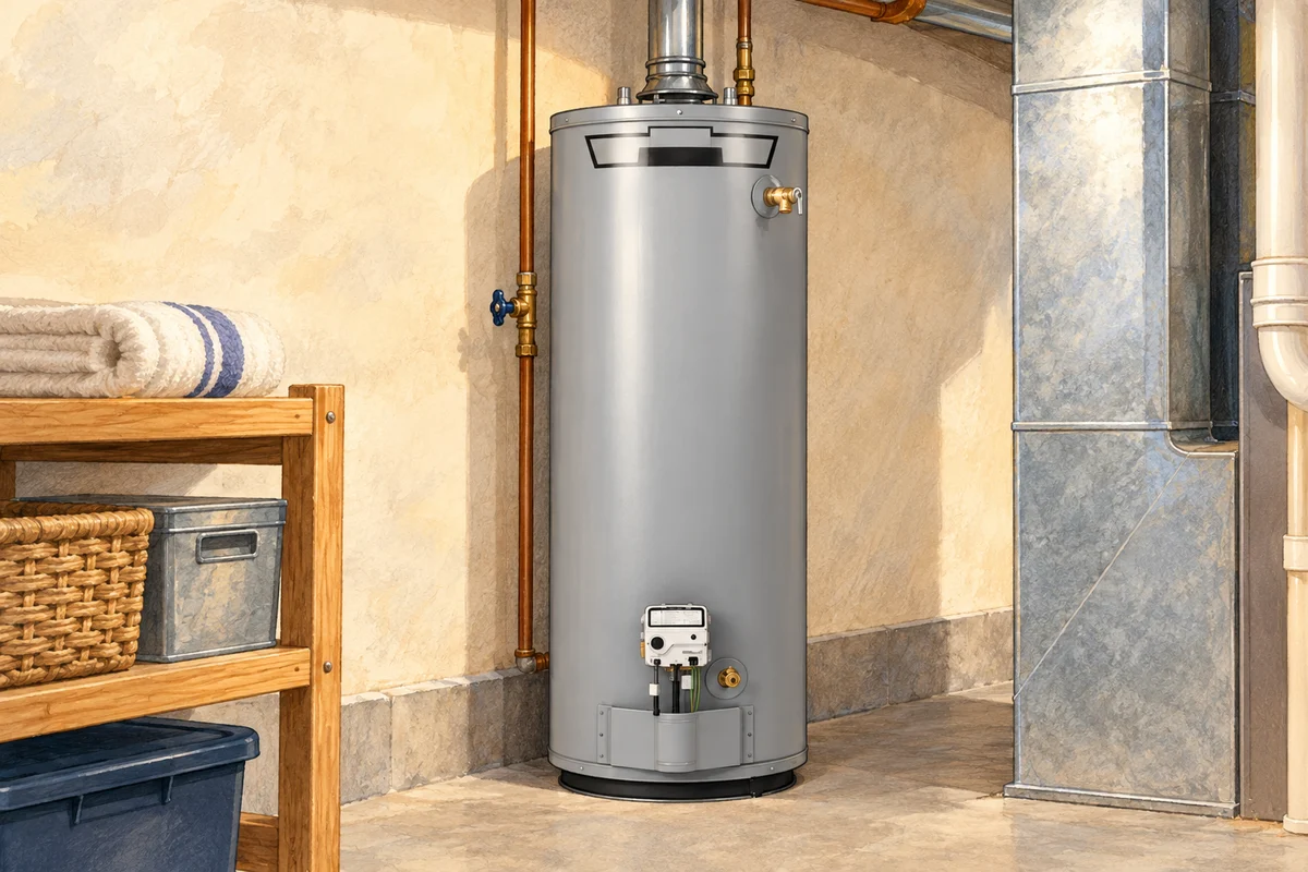 Illustration of a gas storage water heater in a utility room beside folded towels.