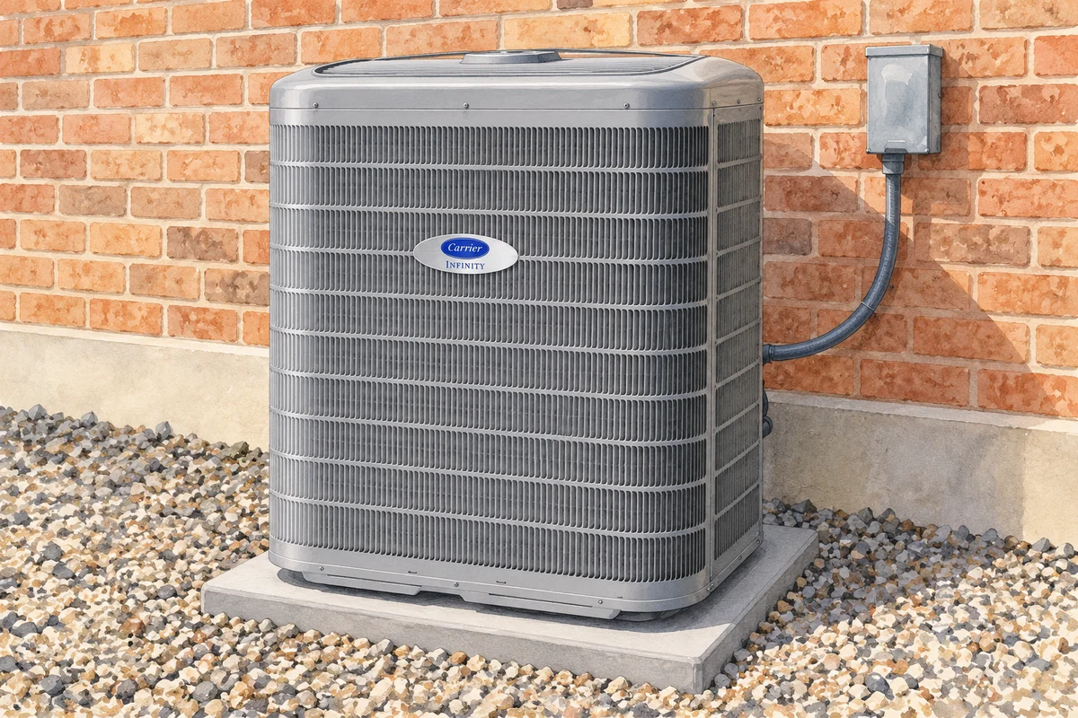 Illustration of a central air conditioner on a pad beside a brick wall with clear service access.