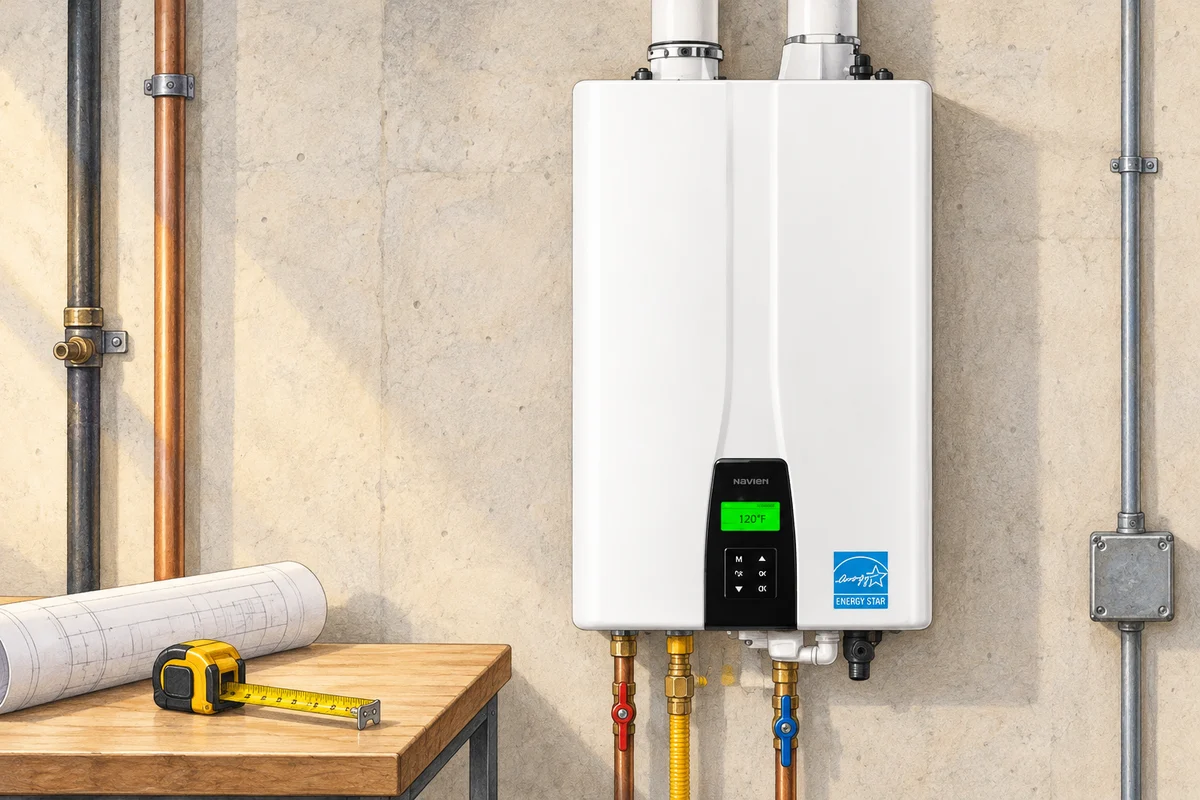 Illustration of a wall-mounted tankless water heater with a plan and tape measure nearby.