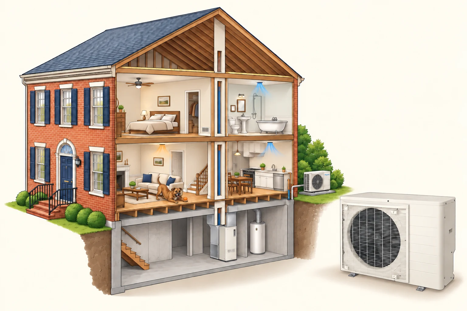 Conceptual house cutaway with heating and cooling equipment and a stylized Daikin-branded cabinet.