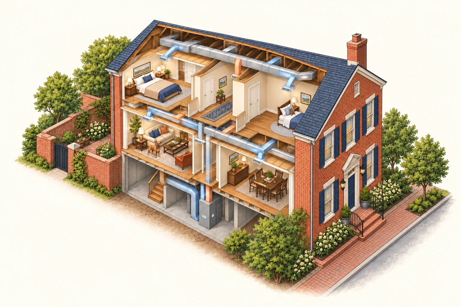 Conceptual cutaway showing a home's connected equipment and ducts across multiple floors.
