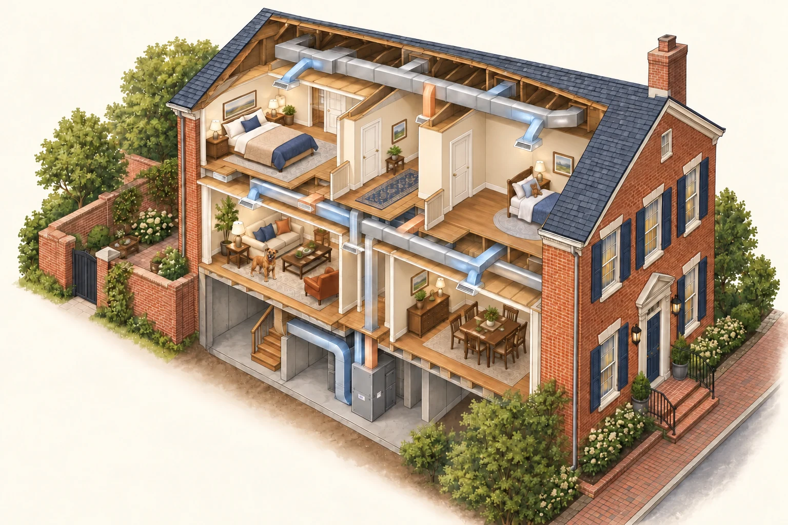 Conceptual house cutaway showing ducts serving different floors.