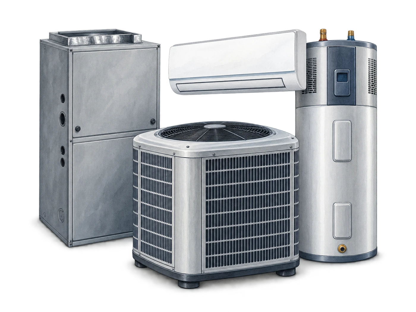 Illustrated group of heating, cooling and water-heating equipment.