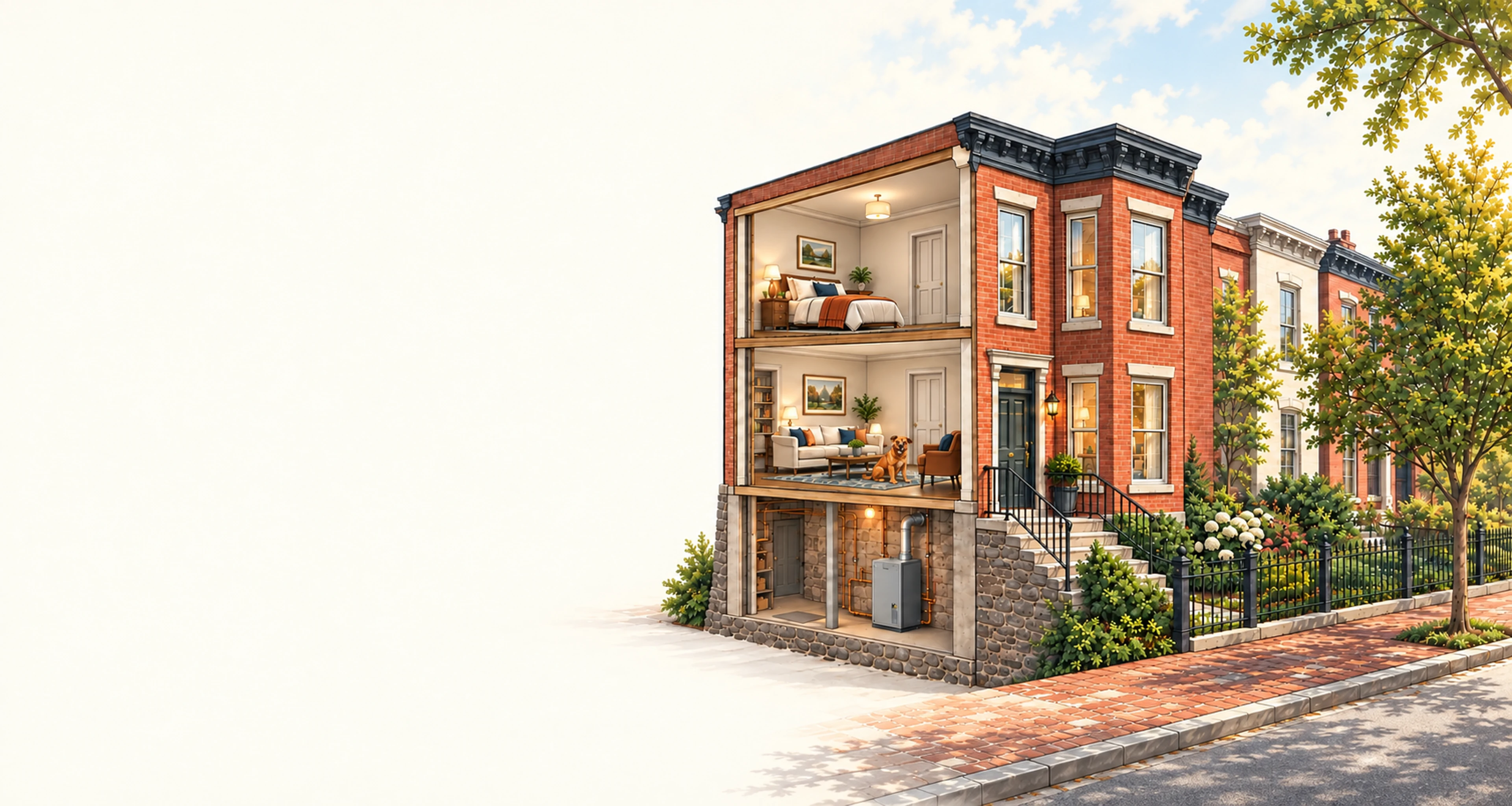 Conceptual house illustration with RJ Sam’s dog, showing home comfort systems on the right.