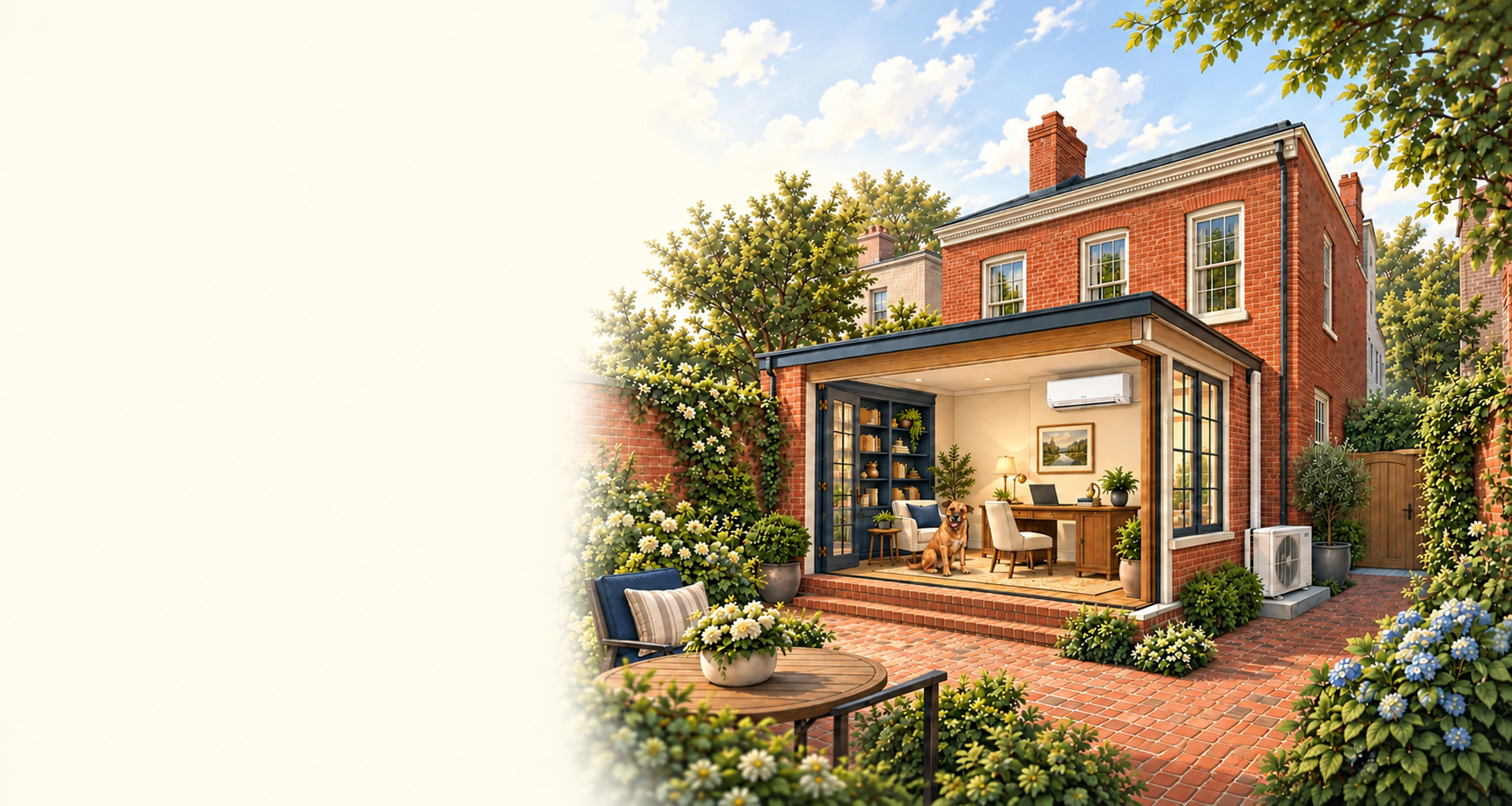 Conceptual house illustration with RJ Sam’s dog, showing home comfort systems on the right.