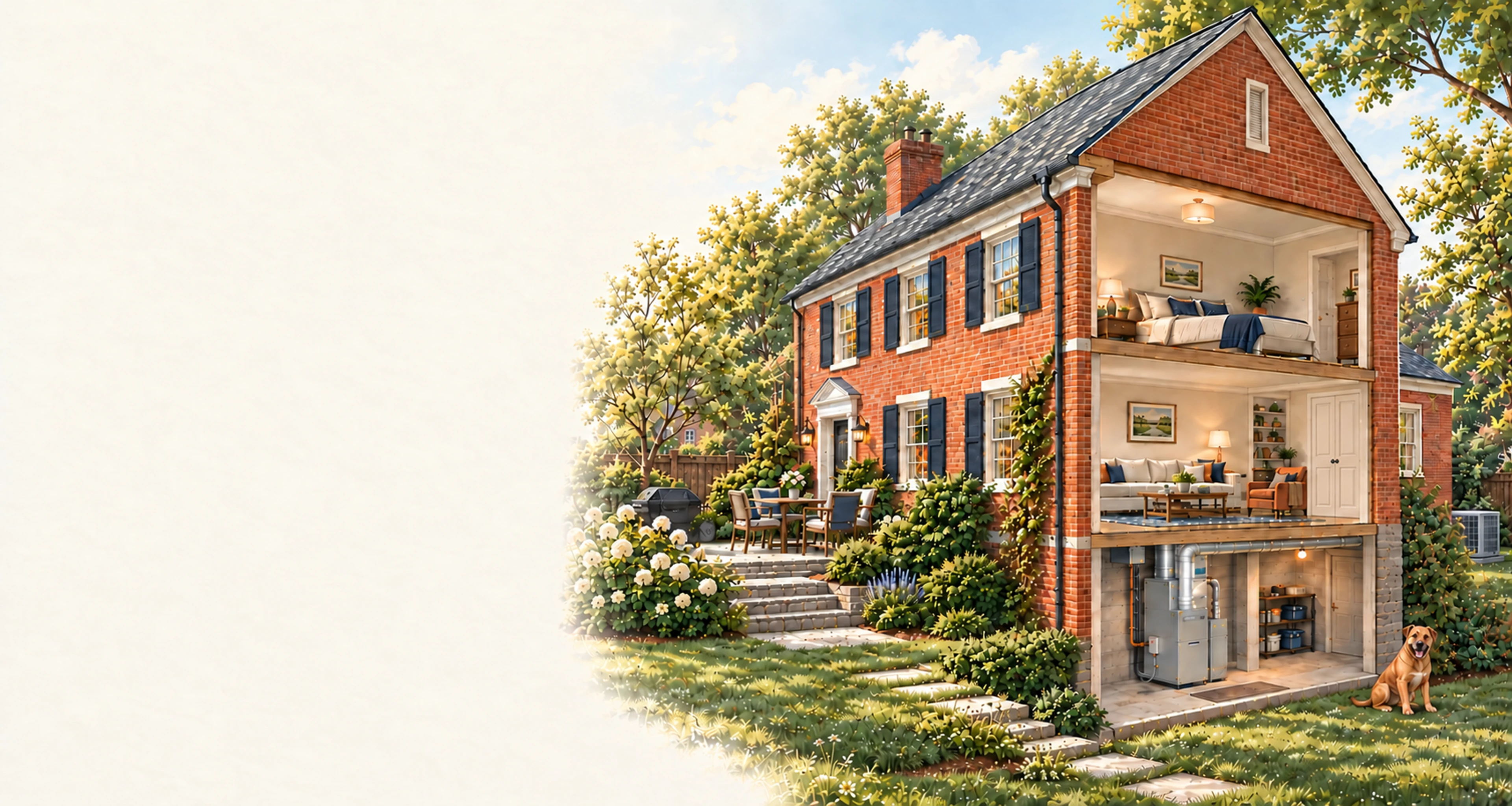 Conceptual house illustration with RJ Sam’s dog, showing home comfort systems on the right.