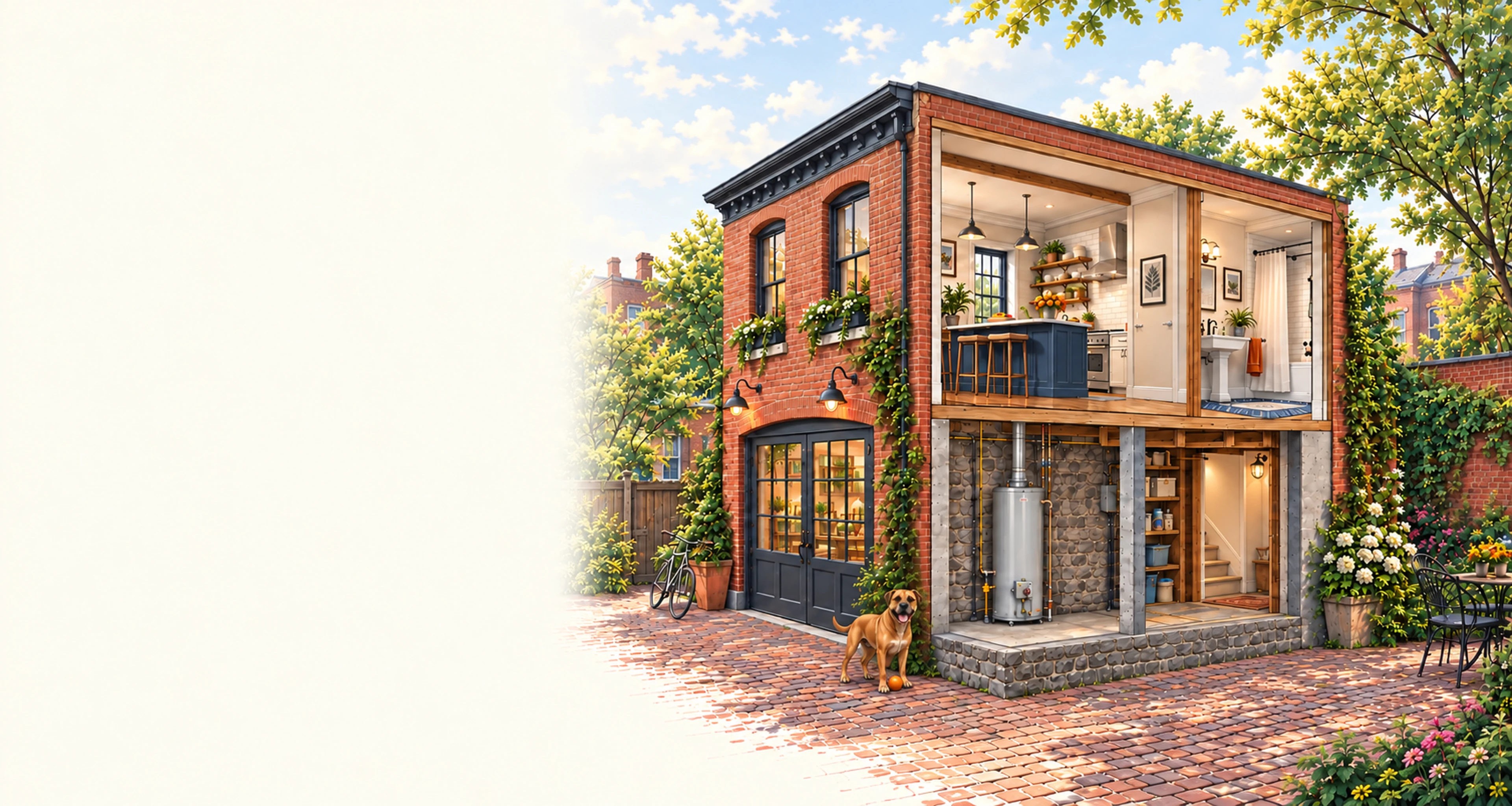 Conceptual house illustration with RJ Sam’s dog, showing home comfort systems on the right.