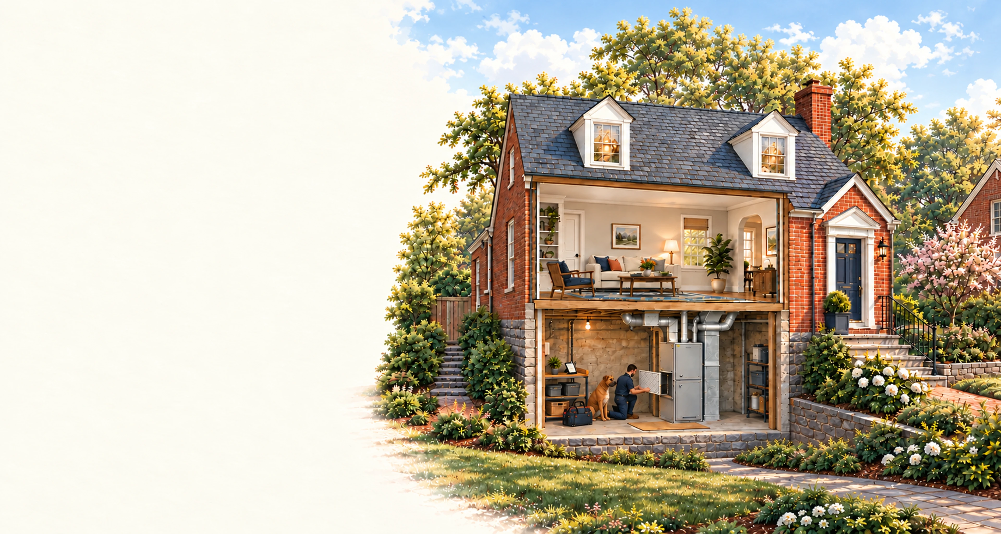 Conceptual house illustration with RJ Sam’s dog, showing home comfort systems on the right.
