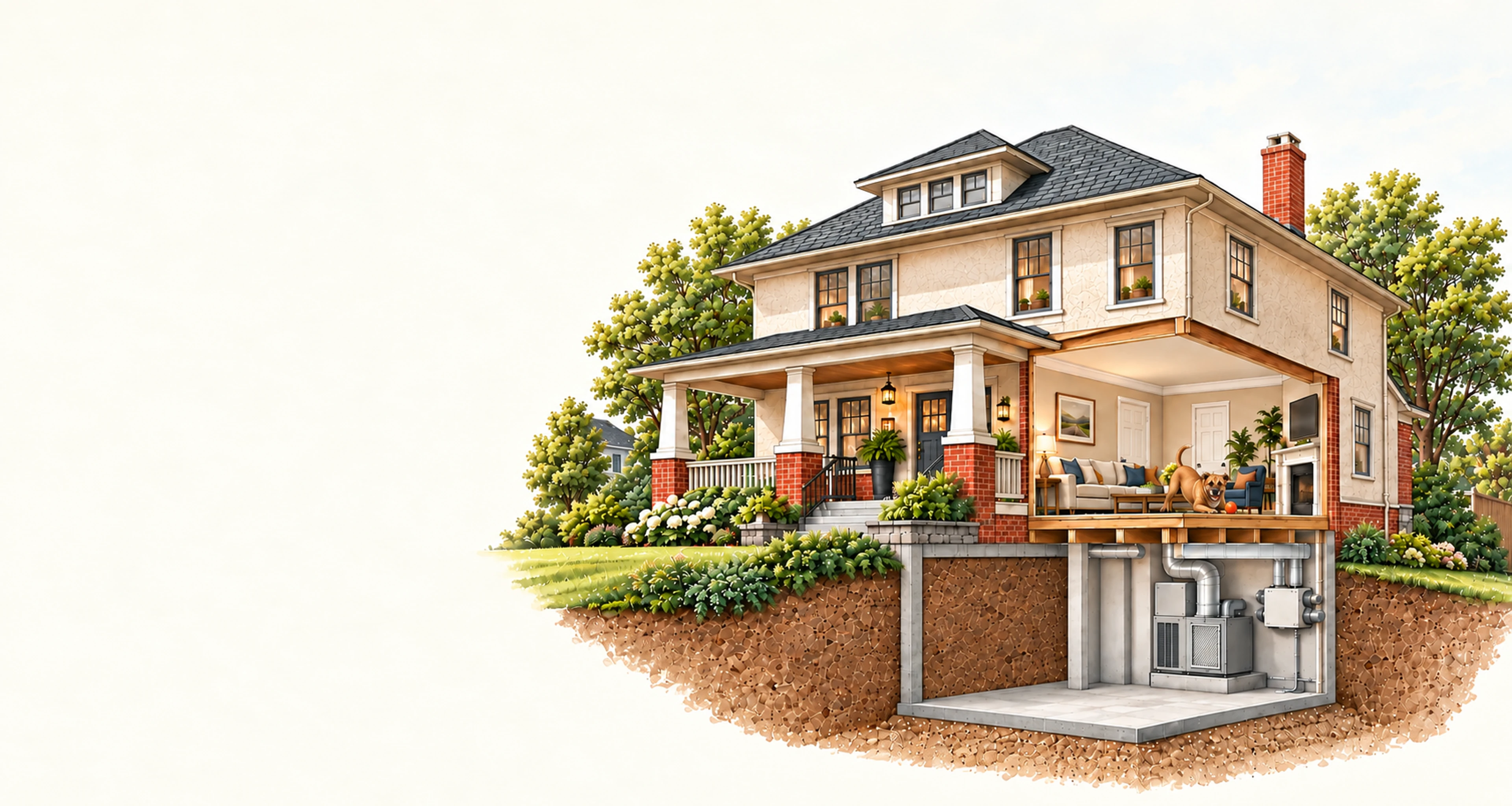 Conceptual house illustration with RJ Sam’s dog, showing home comfort systems on the right.