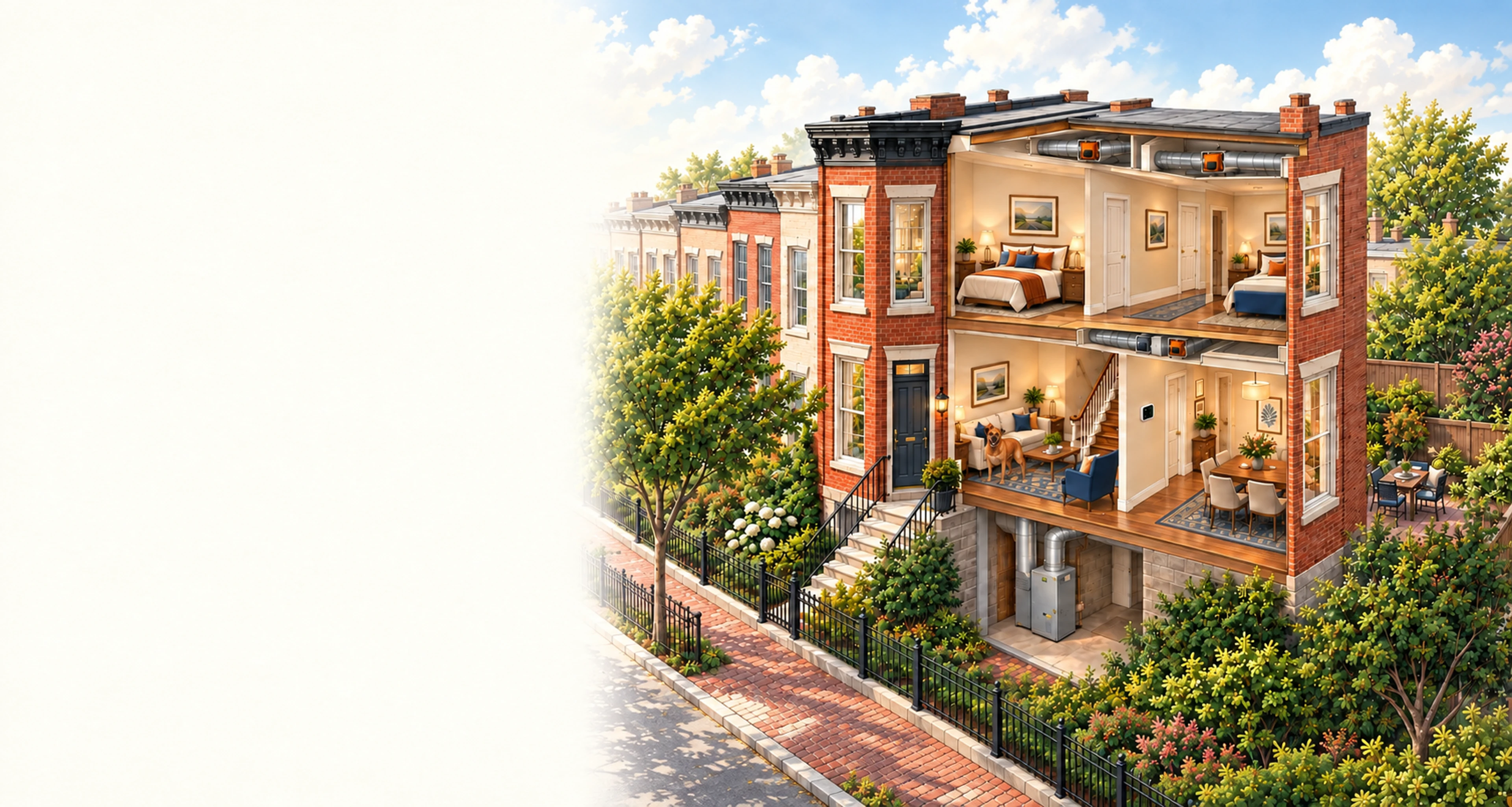 Conceptual house illustration with RJ Sam’s dog, showing home comfort systems on the right.