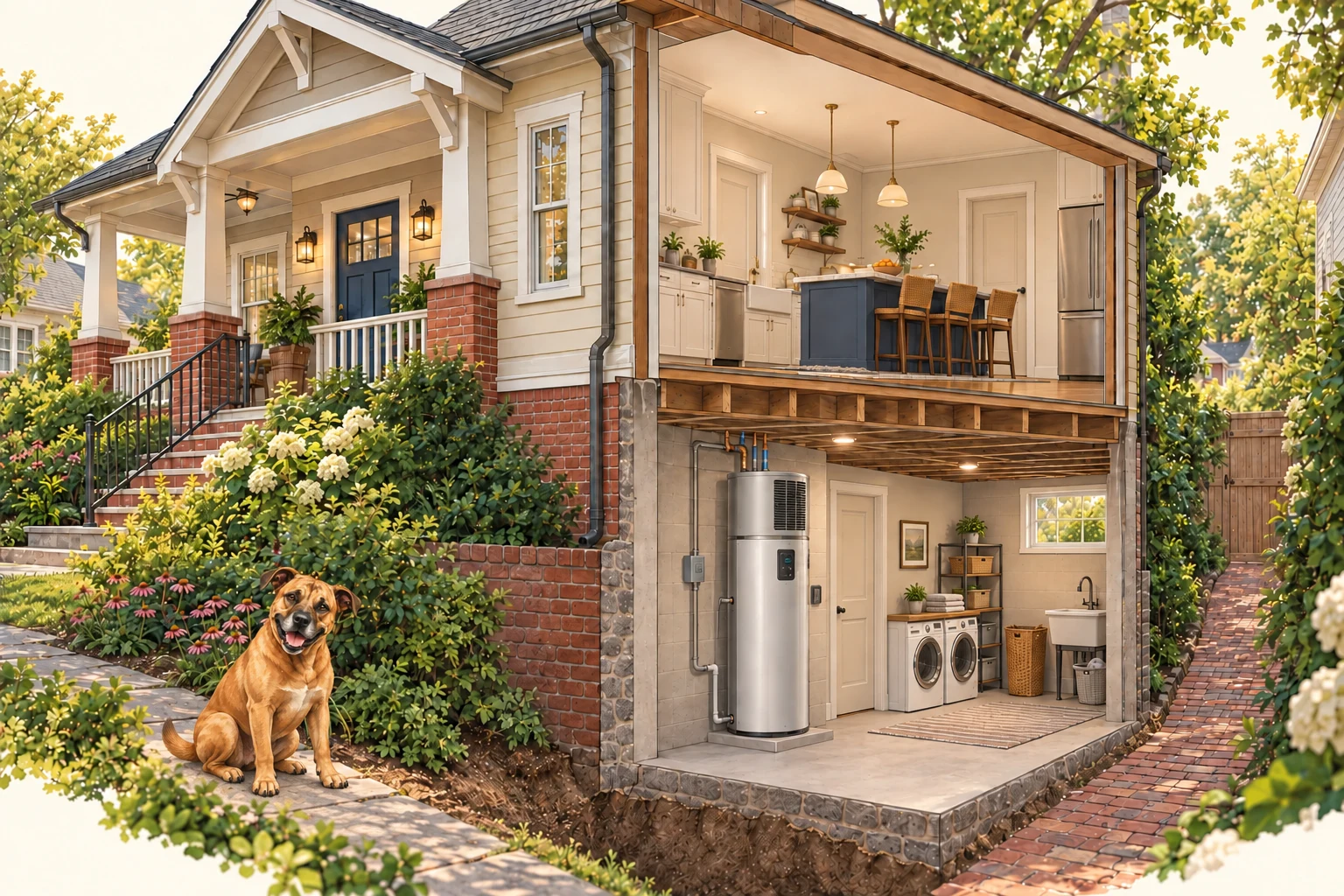 Conceptual basement cutaway with a heat-pump water heater.