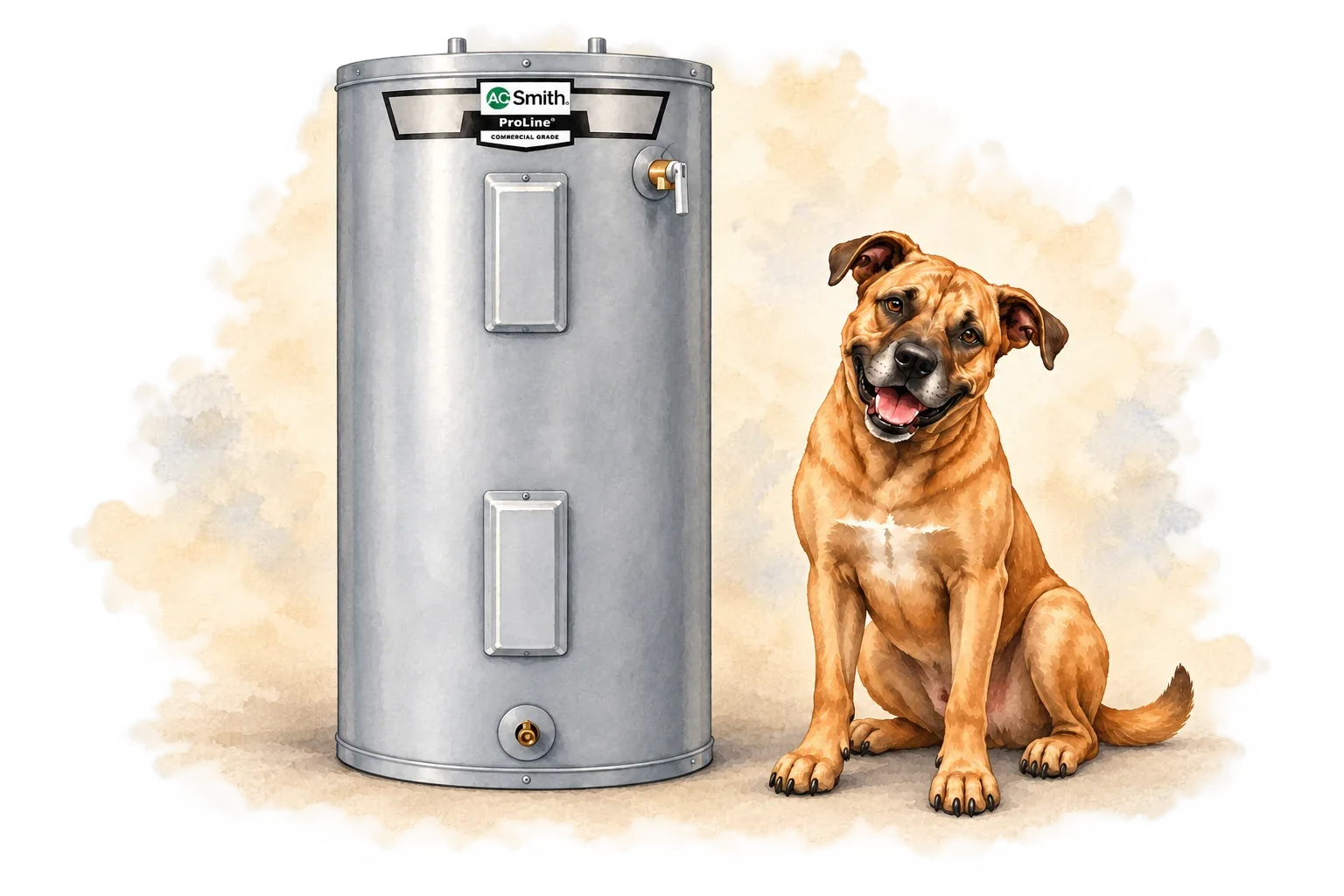 A. O. Smith Electric storage water heater illustration with RJ Sam’s dog.