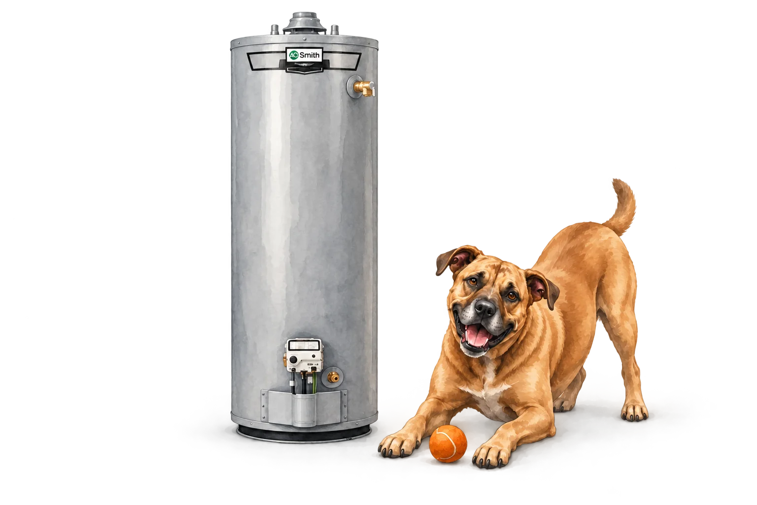 A. O. Smith Gas storage water heater illustration with RJ Sam’s dog.