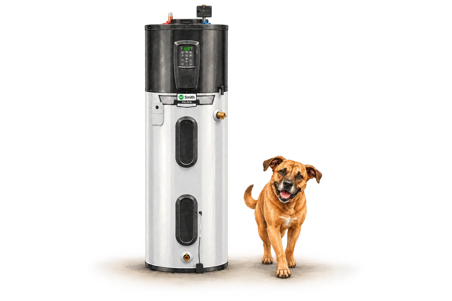 Illustration of A. O. Smith voltex heat-pump water heater with the RJ Sam’s dog.