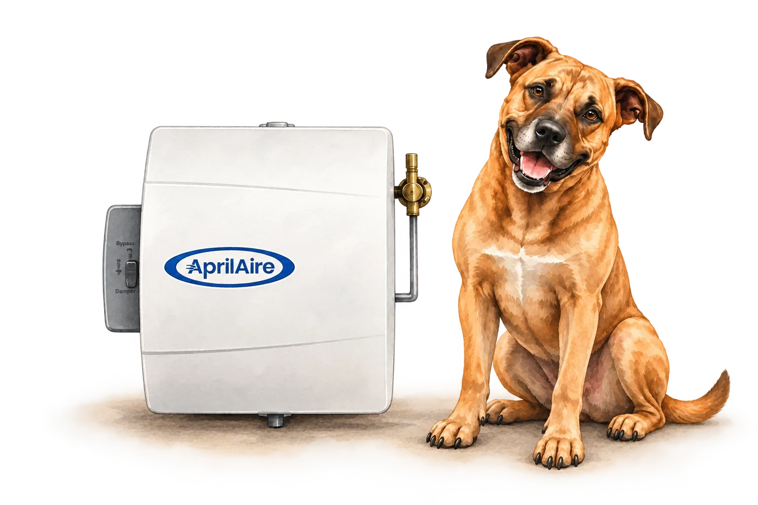 AprilAire 600 bypass humidifier illustration with RJ Sam’s dog.