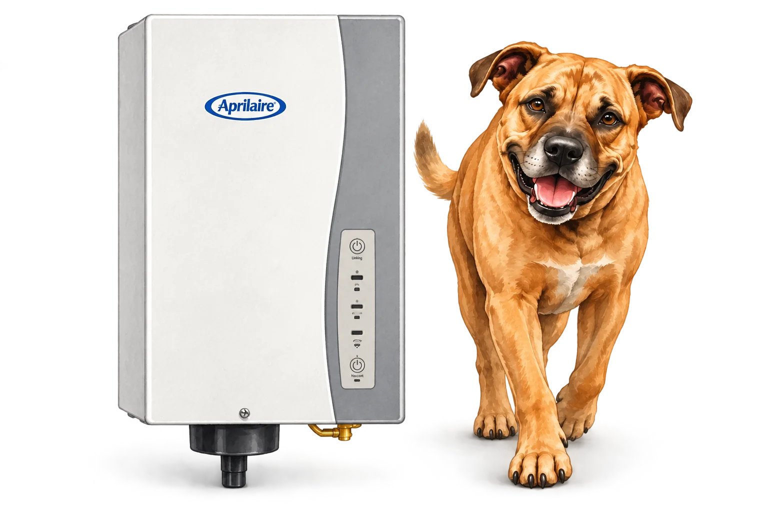 Illustration of AprilAire 800 steam humidifier with the RJ Sam’s dog.