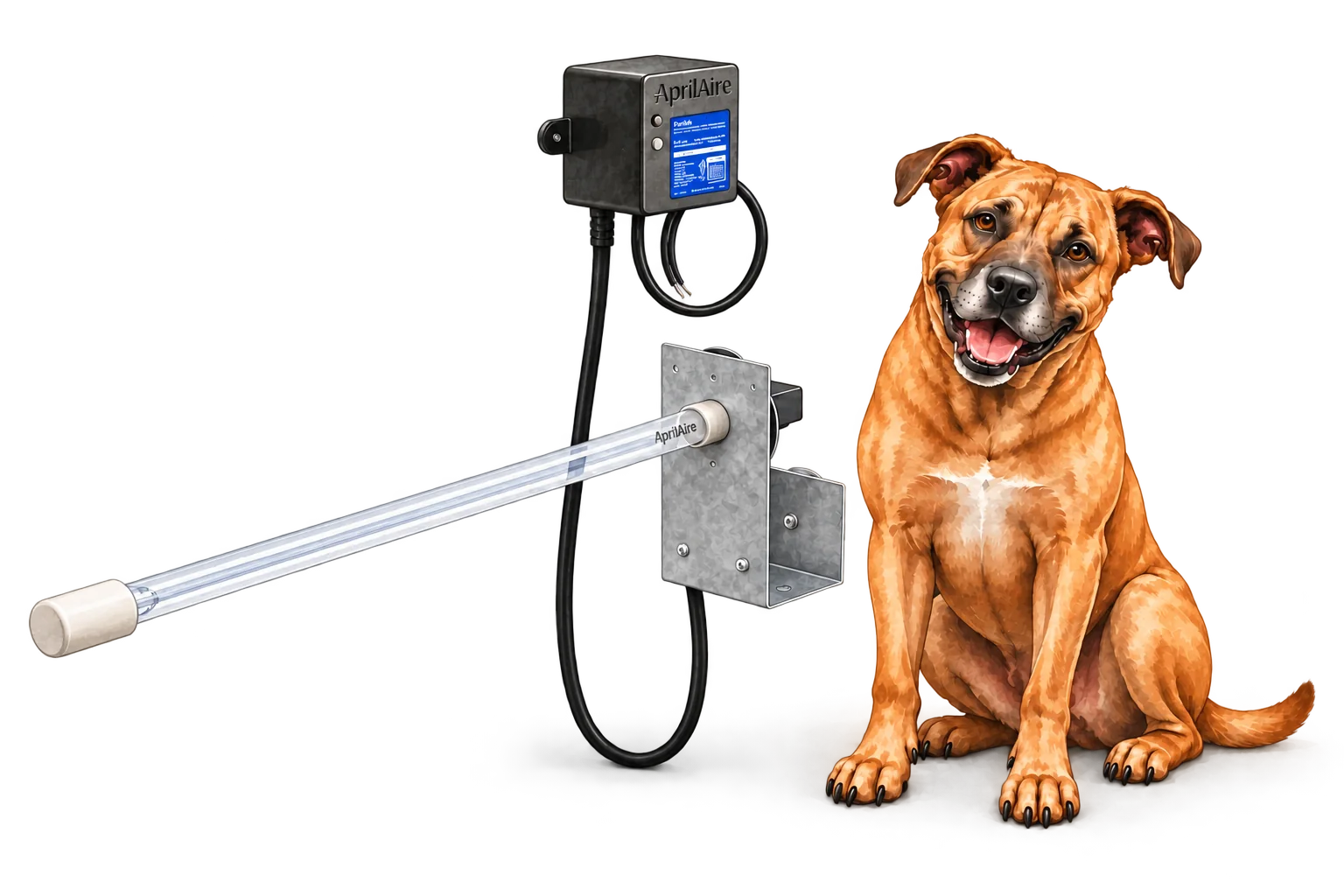 AprilAire AUV24V coil cleaner illustration with RJ Sam’s dog.