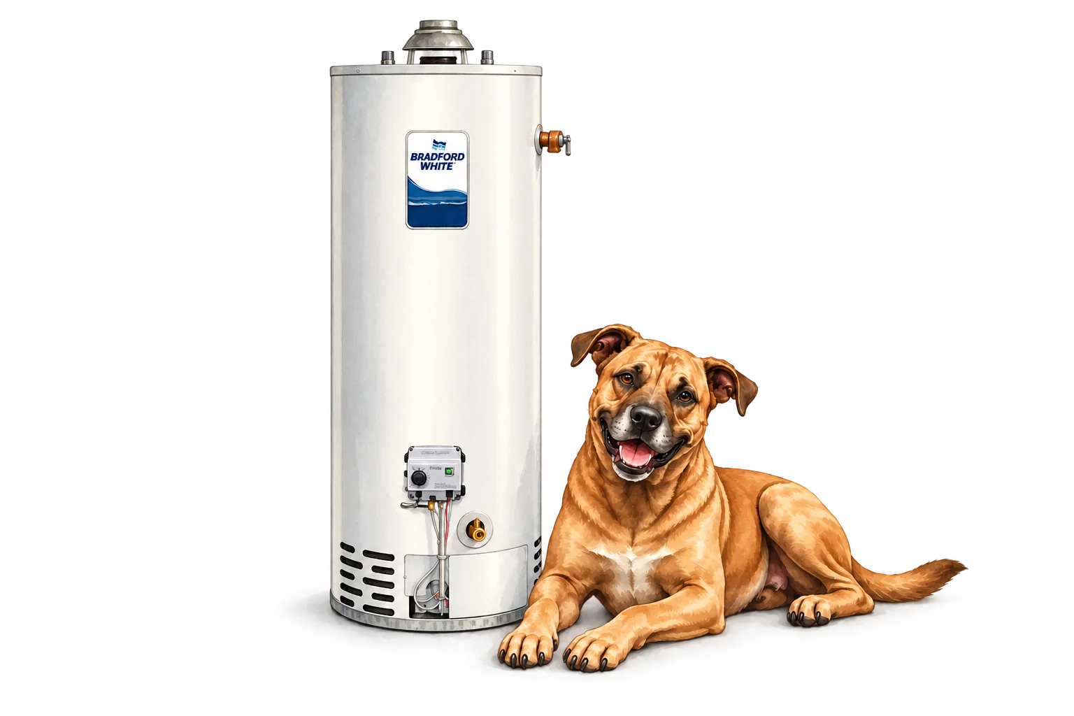 Illustration of Bradford White gas storage water heater with the RJ Sam’s dog.