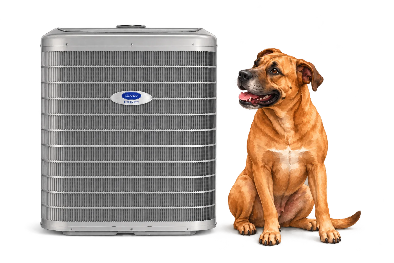 Illustration of Carrier infinity air conditioner with the RJ Sam’s dog.
