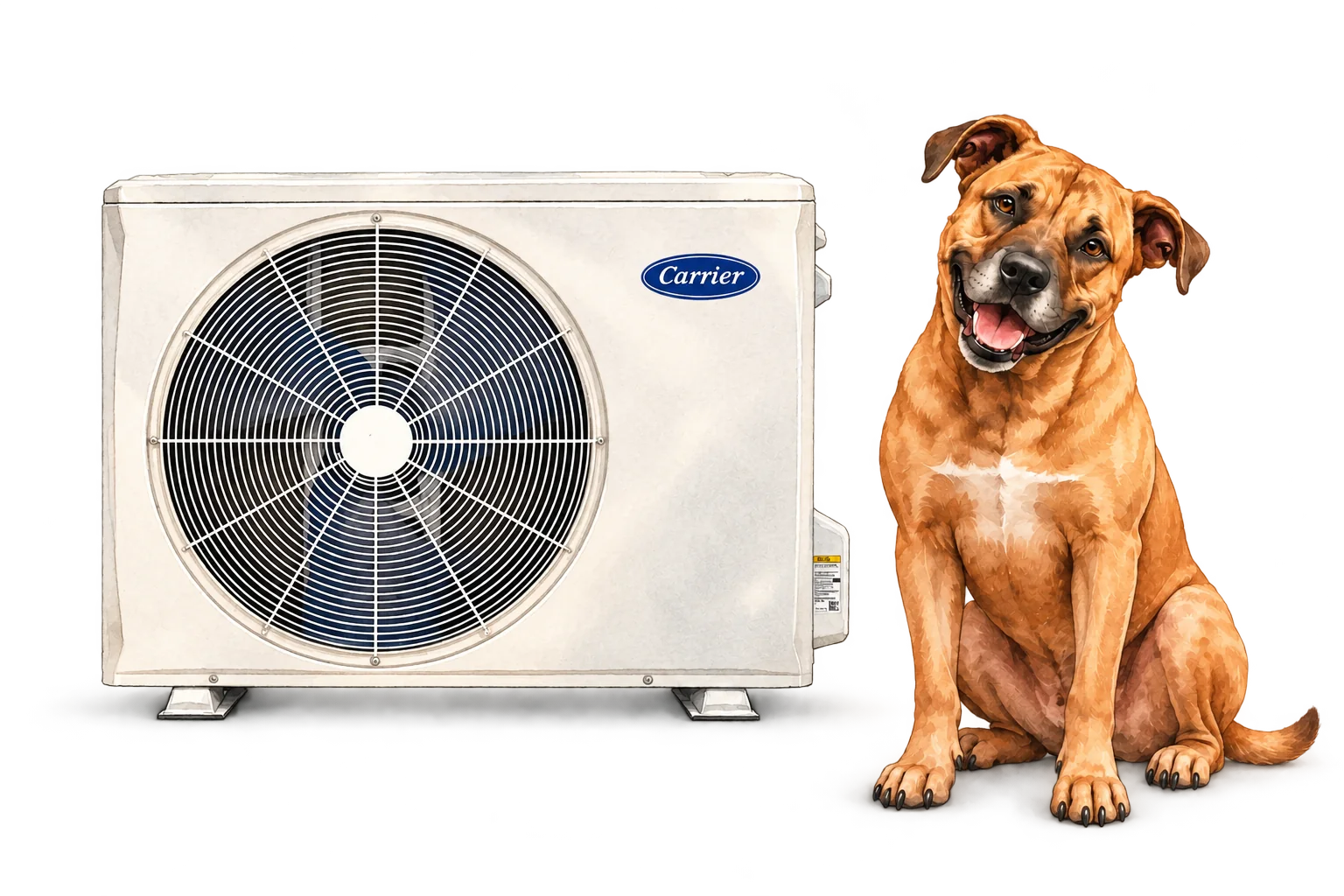 Illustration of Carrier ductless mini-split with the RJ Sam’s dog.
