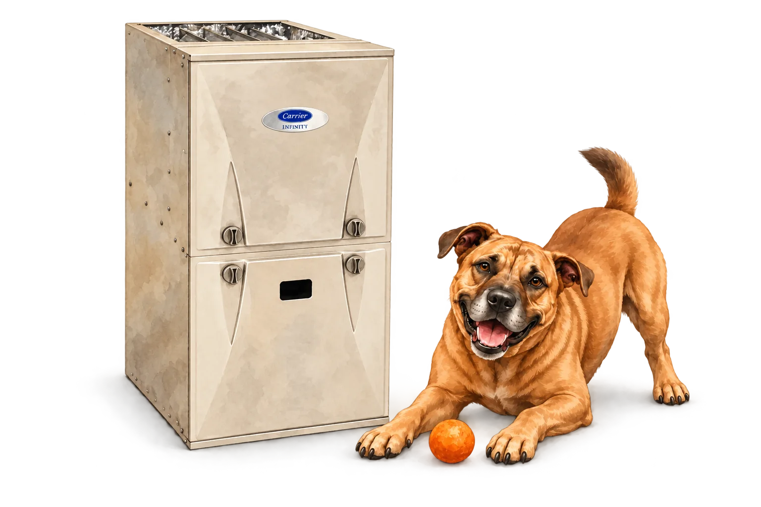 Illustration of Carrier gas furnace with the RJ Sam’s dog.