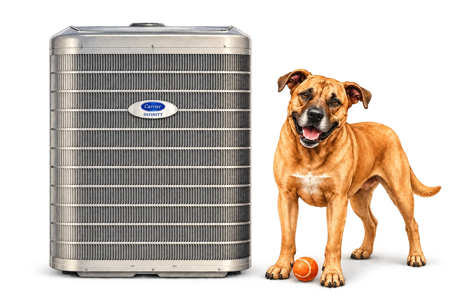 Illustration of Carrier infinity heat pump with the RJ Sam’s dog.