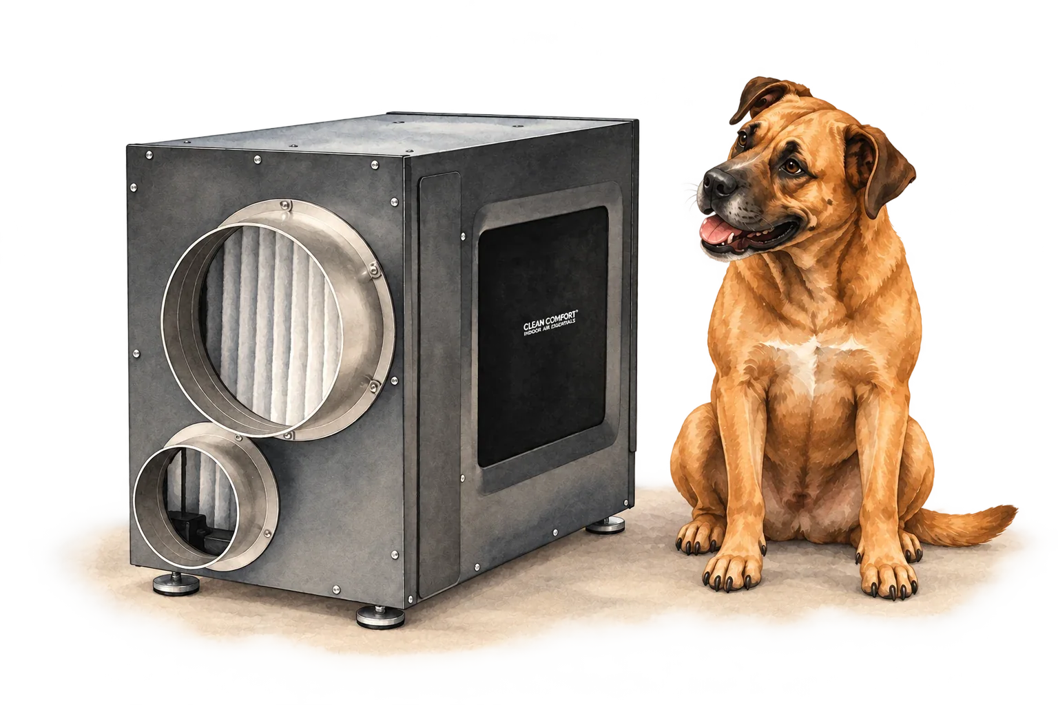 Clean Comfort Whole-home dehumidifier illustration with RJ Sam’s dog.