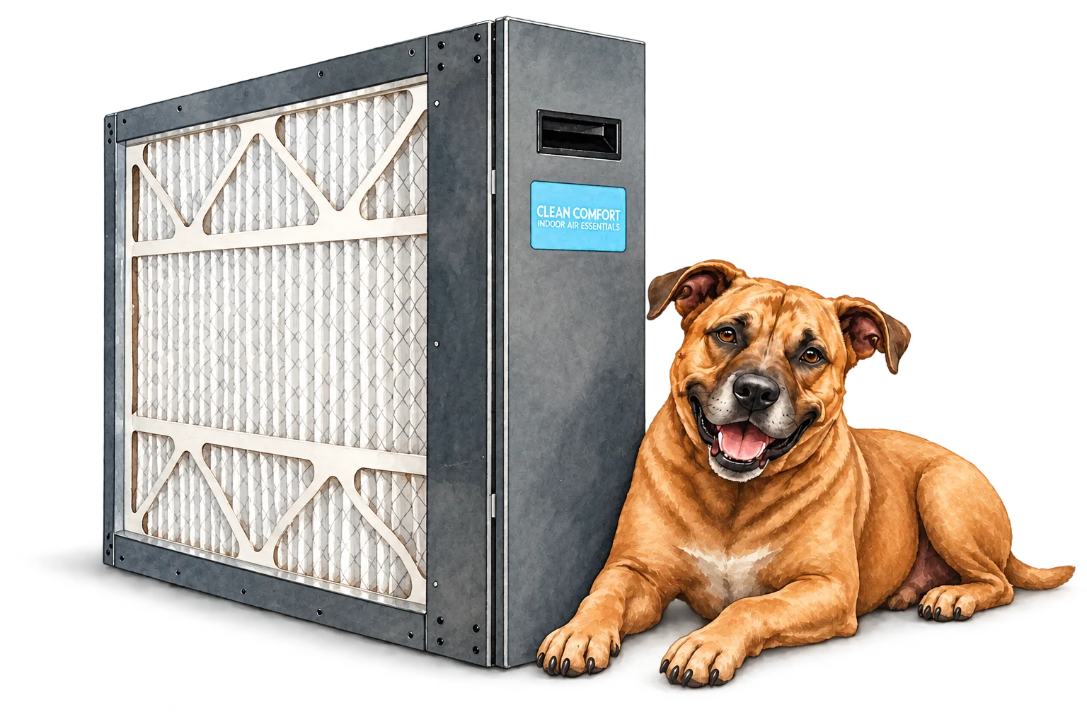 Illustration of Clean Comfort media air cleaner with the RJ Sam’s dog.