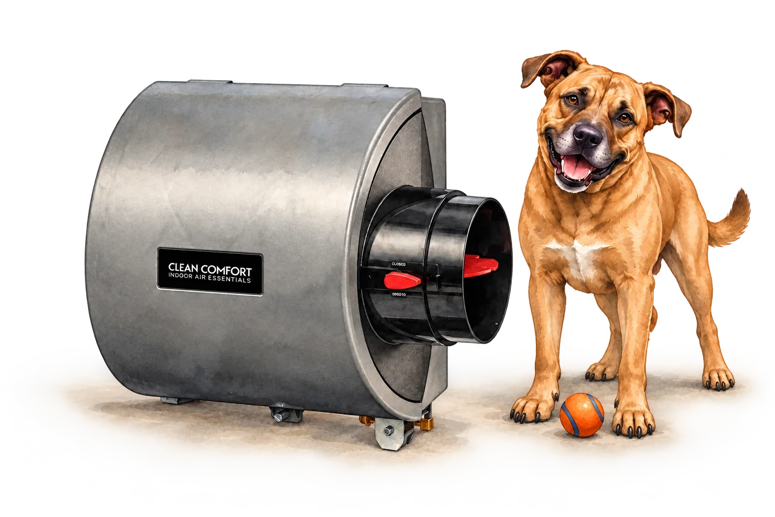 Clean Comfort Evaporative humidifier illustration with RJ Sam’s dog.
