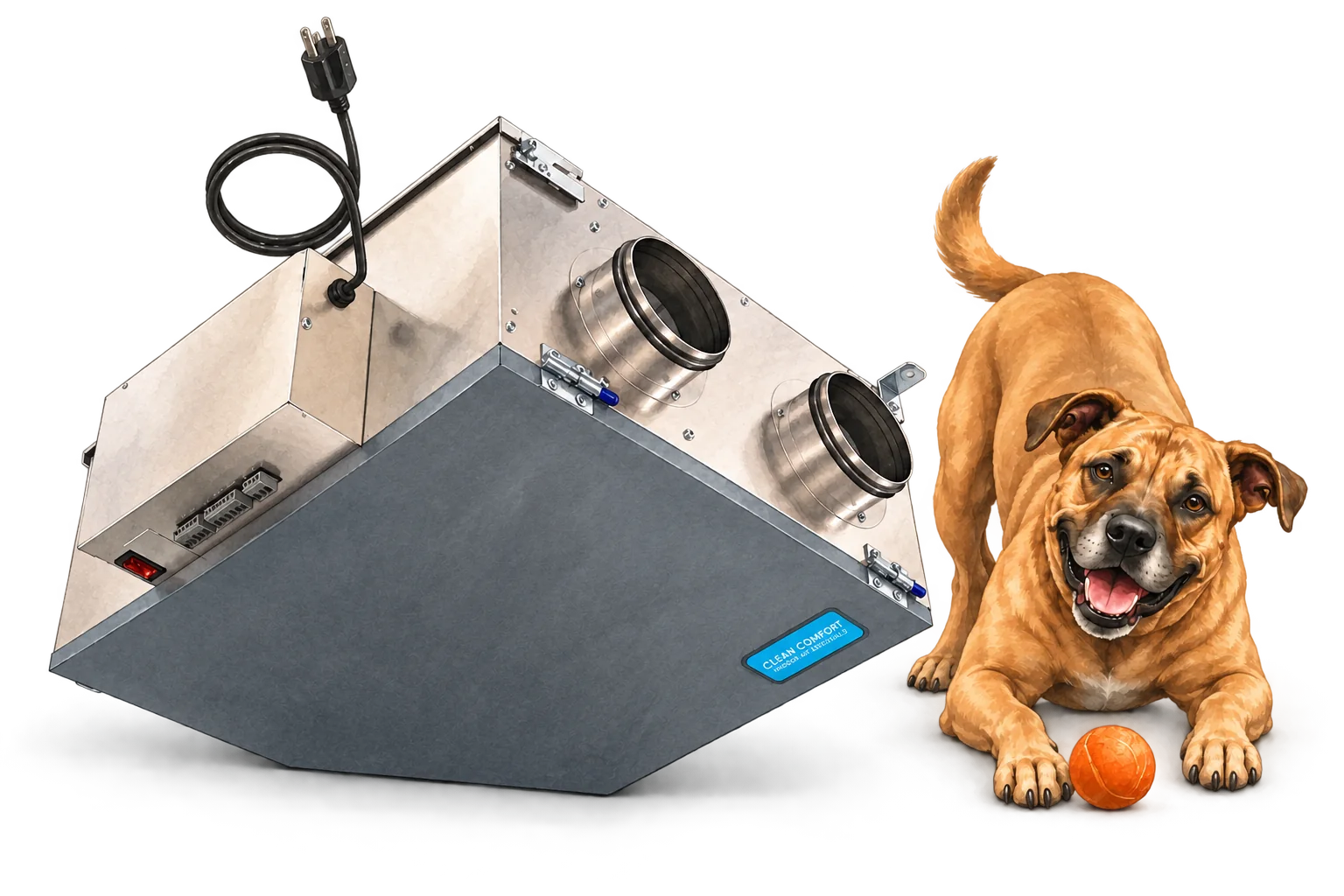 Clean Comfort Energy recovery ventilator illustration with RJ Sam’s dog.