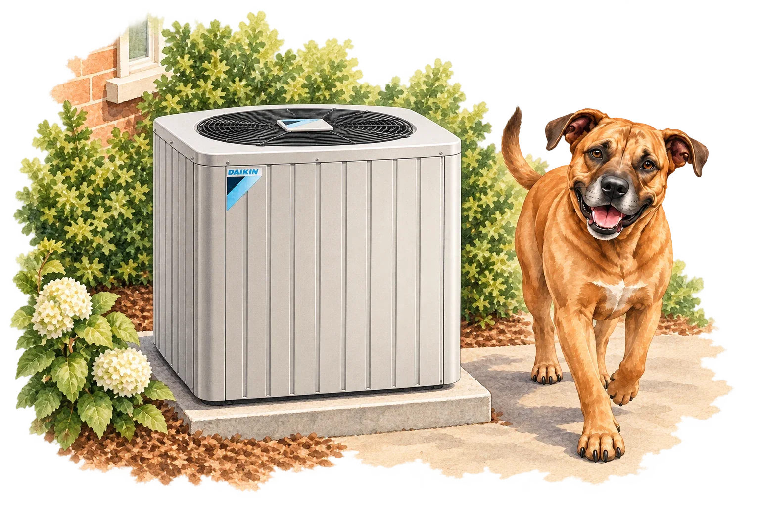 Daikin Central air conditioner illustration with RJ Sam’s dog.