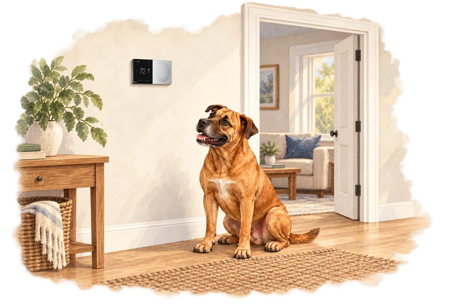 Daikin Daikin One+ thermostat illustration with RJ Sam’s dog.