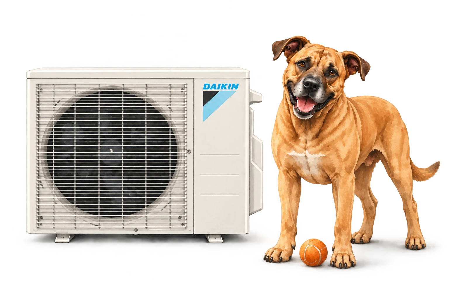 Illustration of Daikin ductless mini-split with the RJ Sam’s dog.