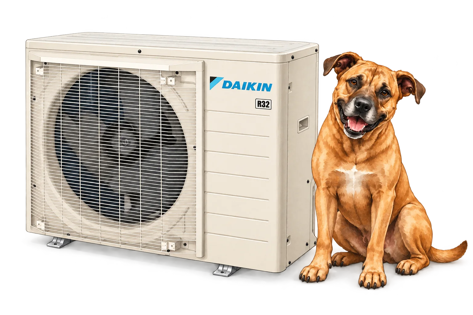 Daikin FIT heat pump illustration with RJ Sam’s dog.