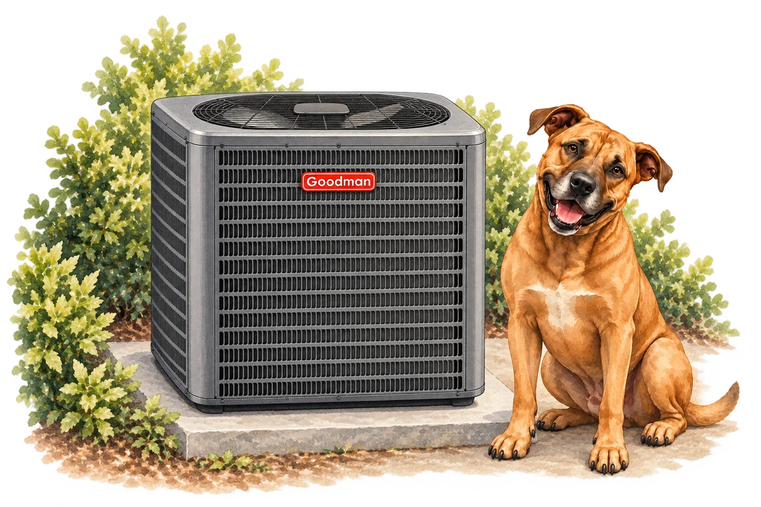 Illustration of Goodman central air conditioner with the RJ Sam’s dog.