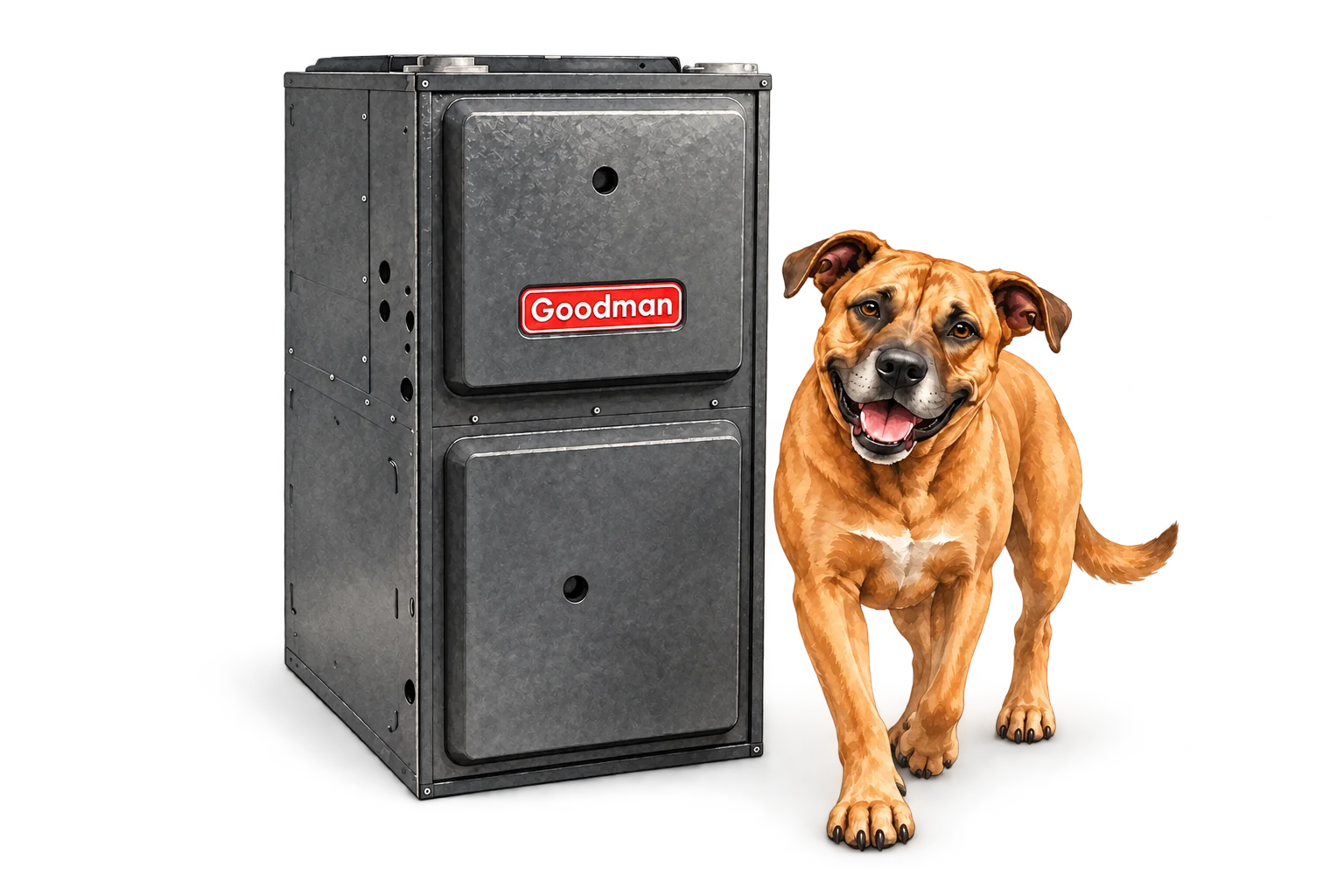 Illustration of Goodman gas furnace with the RJ Sam’s dog.