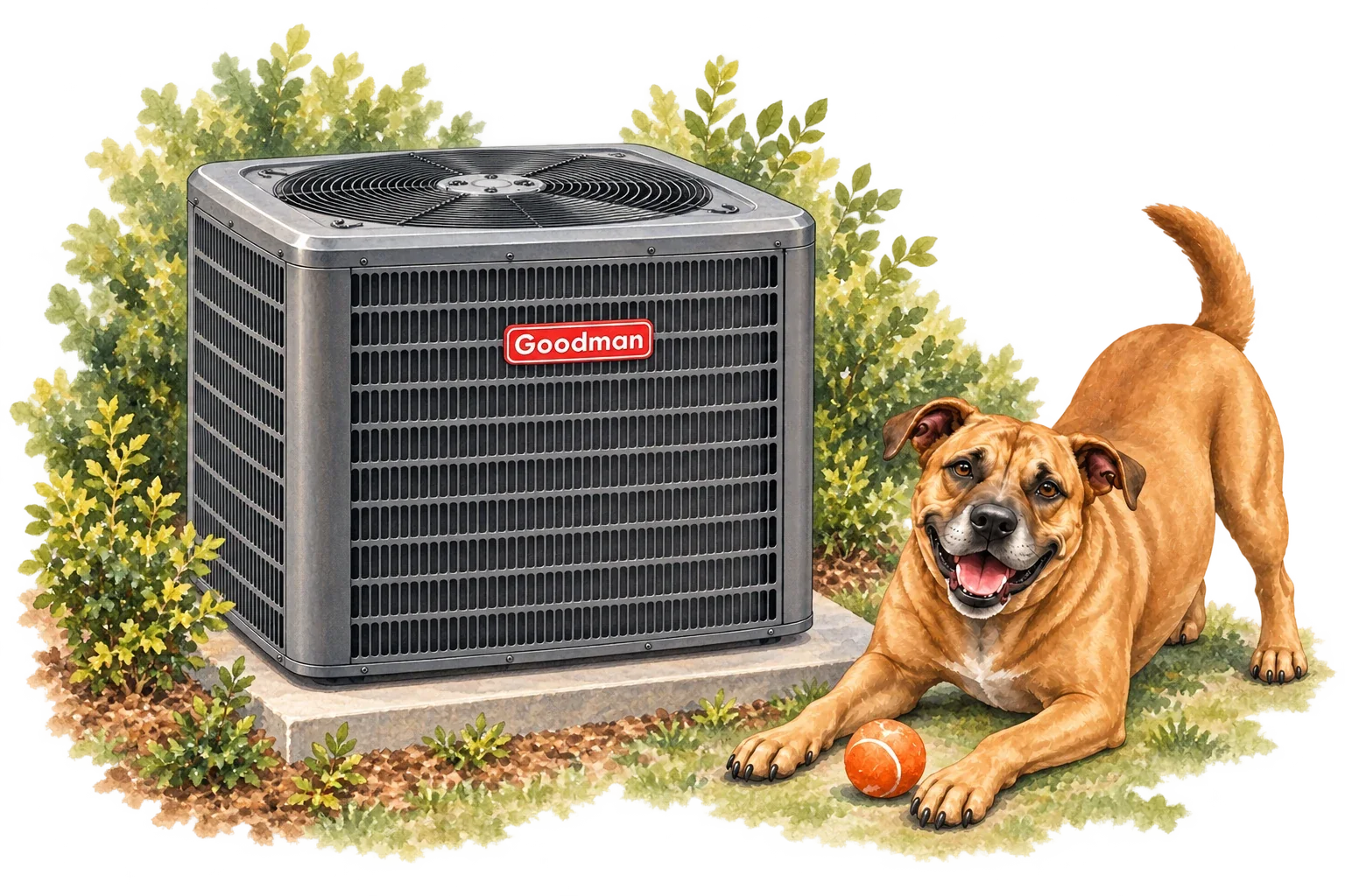Illustration of Goodman heat pump with the RJ Sam’s dog.