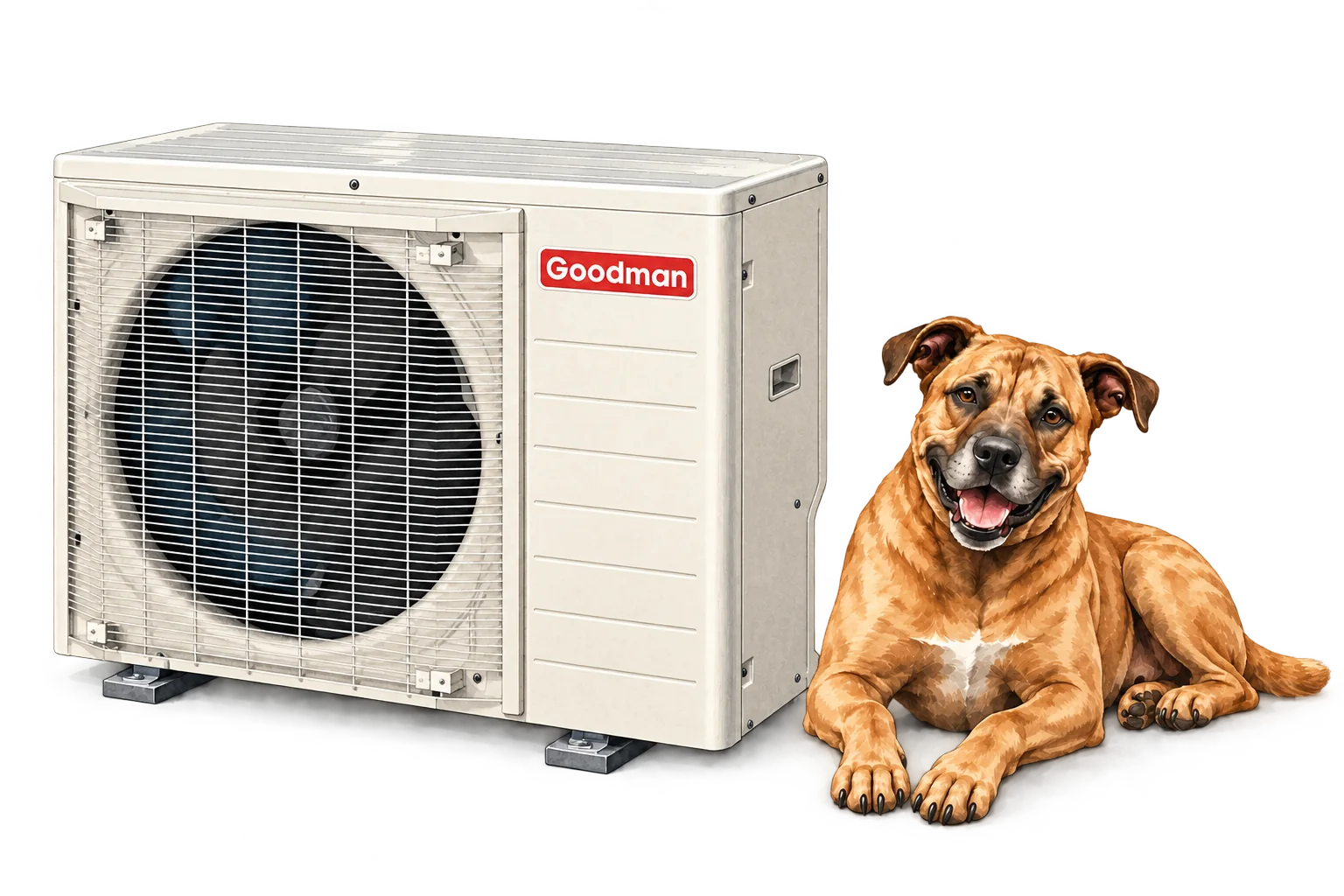 Illustration of Goodman side-discharge air conditioner with the RJ Sam’s dog.