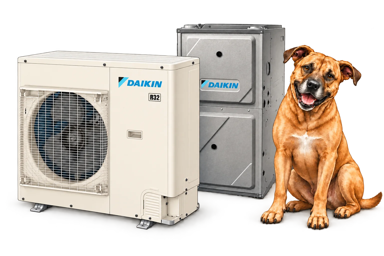 Daikin heat pump and furnace examples illustration with RJ Sam’s dog.