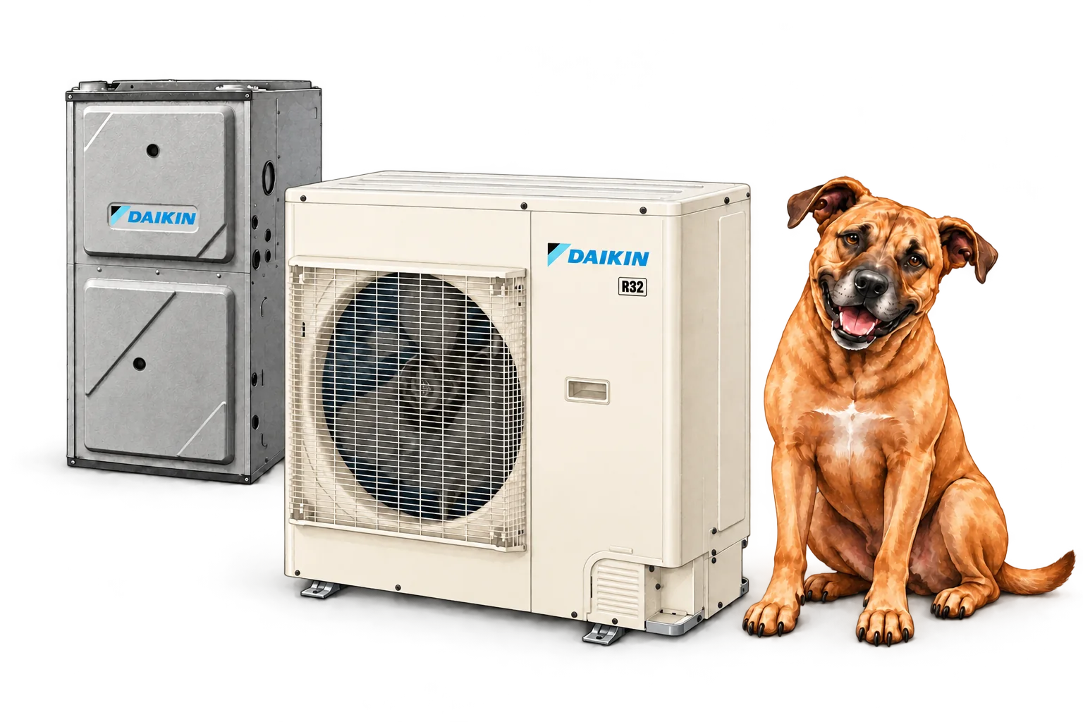 Daikin heat pump and furnace examples illustration with RJ Sam’s dog.